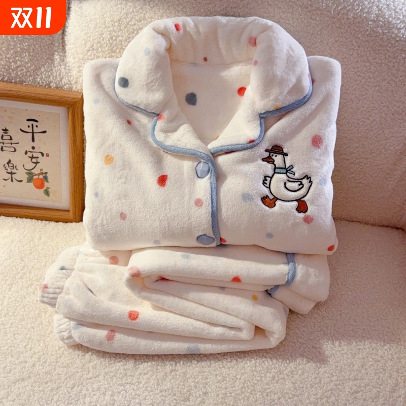 秋冬季女童卡通可爱小鸭睡衣套装