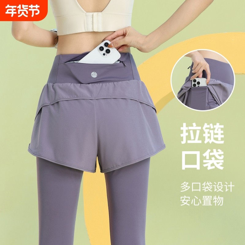 后口袋放手机健身裤女夏季假两件速干七分裤高弹力网红跳操瑜伽裤