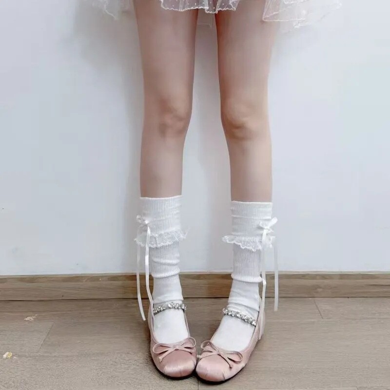 lolita袜子日系春夏薄款可爱少女蝴蝶结中筒袜蕾丝花边小腿堆堆袜