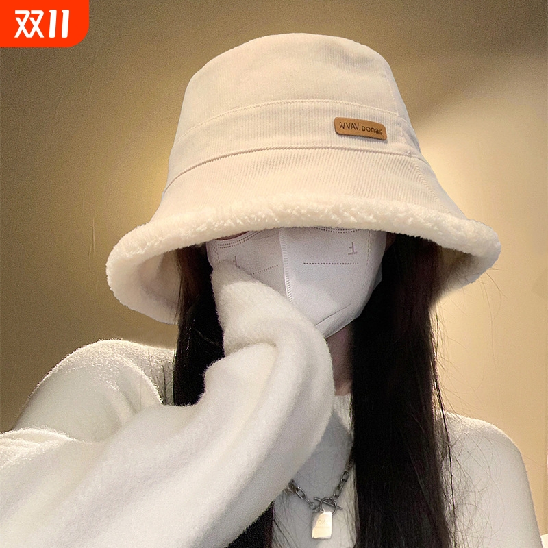 羊羔绒女士加绒渔夫帽秋冬季百搭显脸小盆帽加厚保暖防风防寒帽子