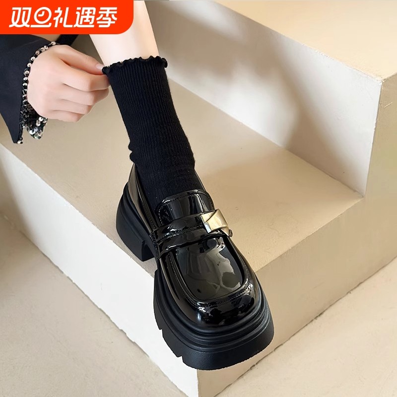 黑色厚底英伦风小皮鞋女2025春季新款百搭一脚蹬玛丽珍乐福鞋中跟