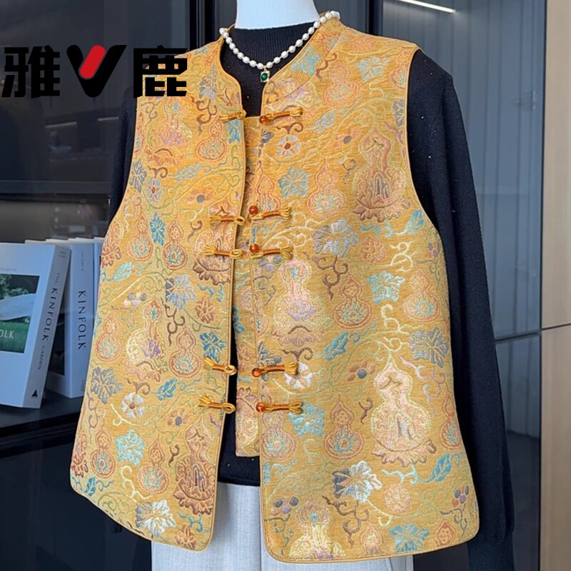 雅鹿新中式妈妈春装国风刺绣复古马甲中老年人女立领无袖洋气坎肩