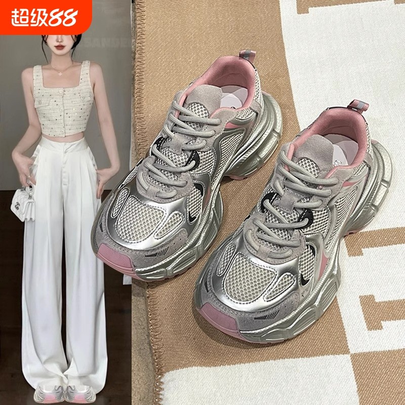 Весенне-осенняя женская обувь daddy shoes на толстой подошве; новинка 2025 года; серебристая дышащая универсальная легкая спортивная повседневная обувь Изображение 1