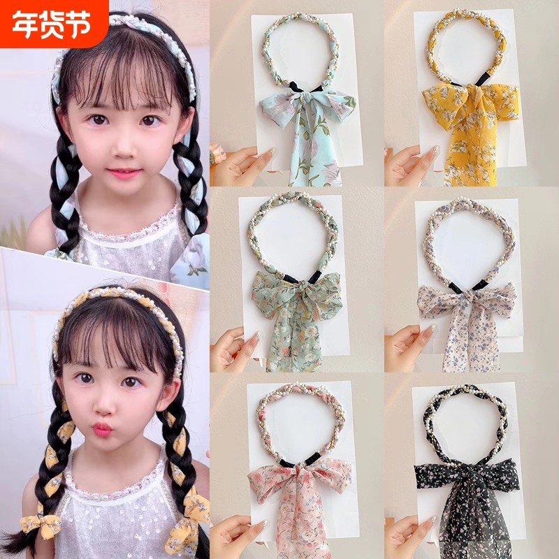 儿童碎花编发飘带发箍女童丝巾绑发一体头箍日常珍珠发带发卡头饰