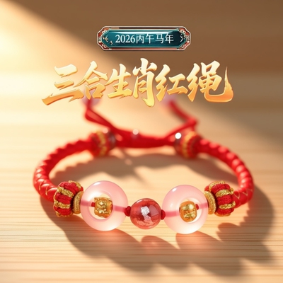 红绳三合生肖属马鼠牛兔龙鳞手绳