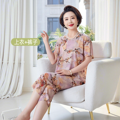 夏季女装中年妈妈两件套宽松短袖上衣七分裤老人套装奶奶薄款实用