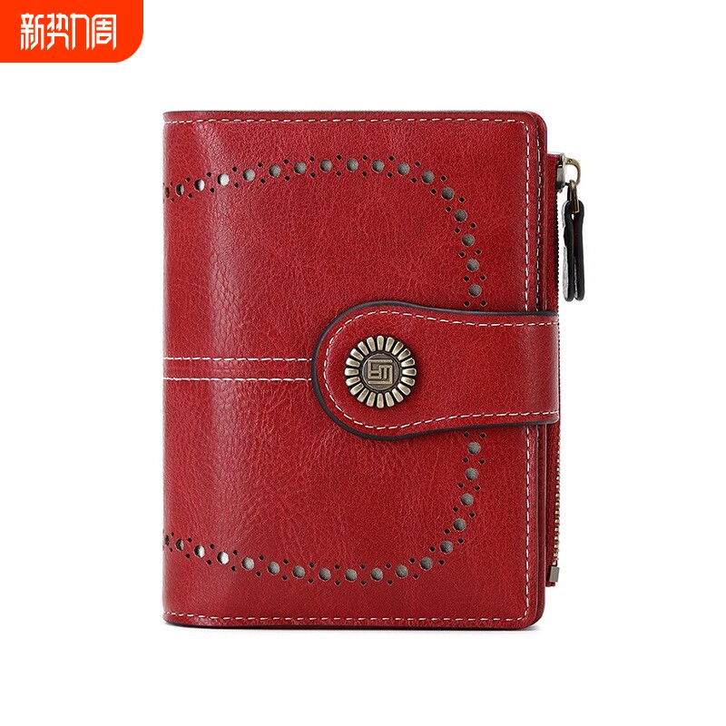 新款RFID防盗刷女士零钱包多卡位搭扣皮夹欧美时尚短款拉链高级感