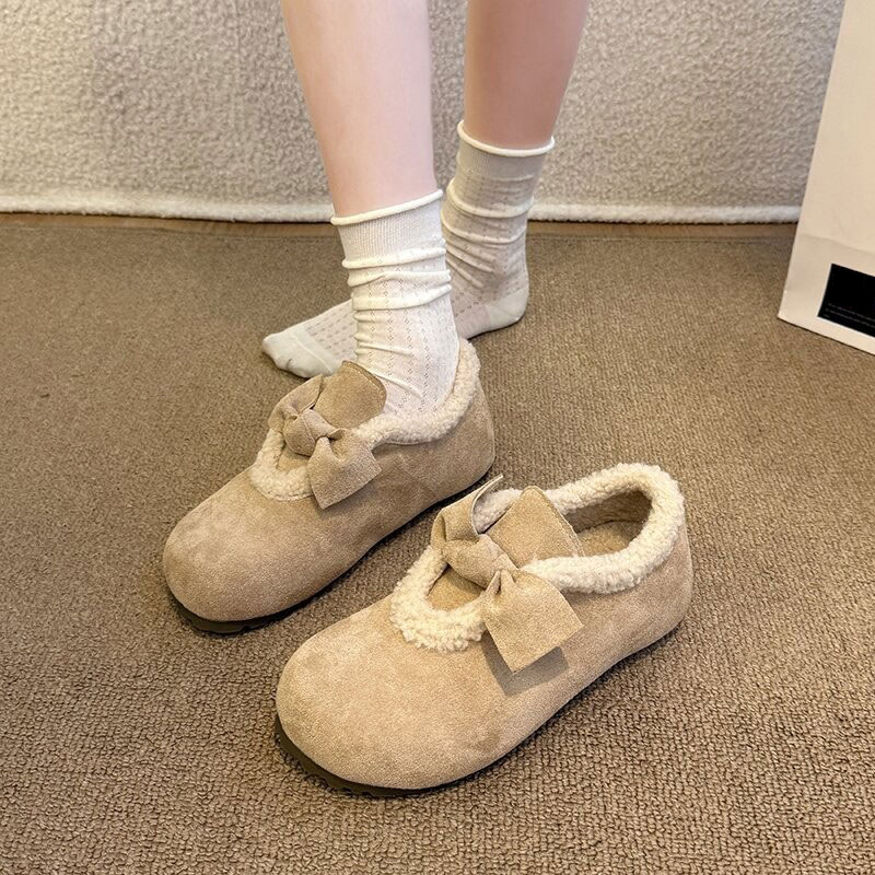 白色厚底蝴蝶结勃肯鞋女2025年新款秋冬保暖加绒加厚棉鞋毛绒棕色