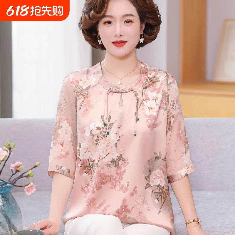 洋气妈妈夏装短袖雪纺衫时尚上衣服2025新款中式套装中老年t恤女