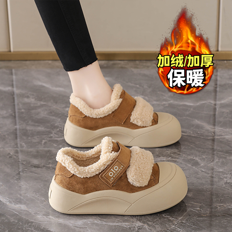 真皮加绒毛毛鞋女板鞋2025新款冬季棉鞋增高魔术贴女鞋雪地靴34码