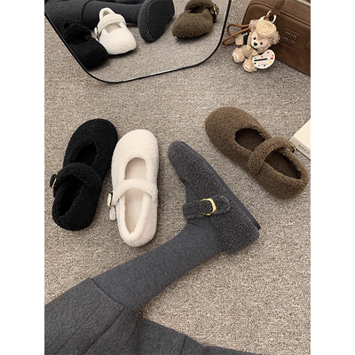 灰色玛丽珍毛毛鞋女冬外穿新款呢子单鞋女平底加绒鞋子浅口圆头
