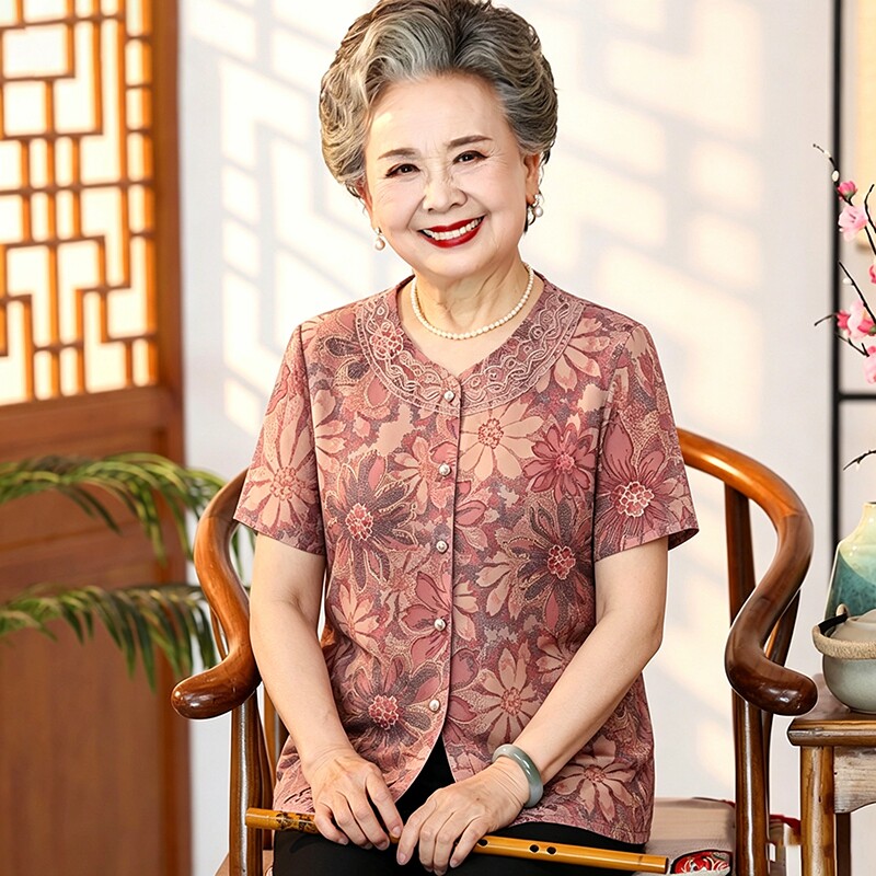 中老年人女装妈妈夏装短袖套装奶奶2026新款上衣服夏季老太太薄款