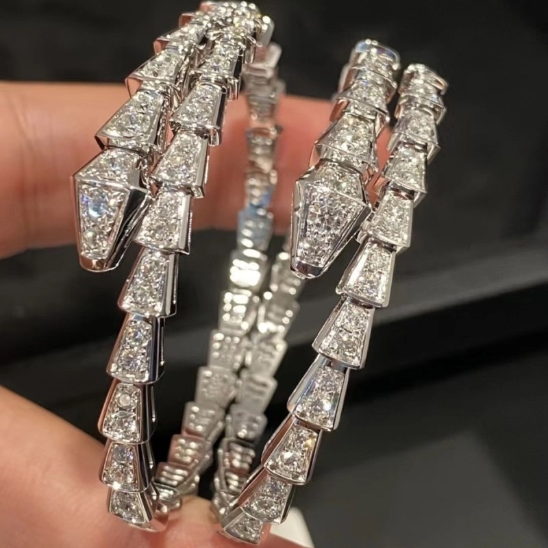 蛇形手镯女镀银18K玫瑰金满钻蛇骨蛇头简约开口手环镶钻款多圈