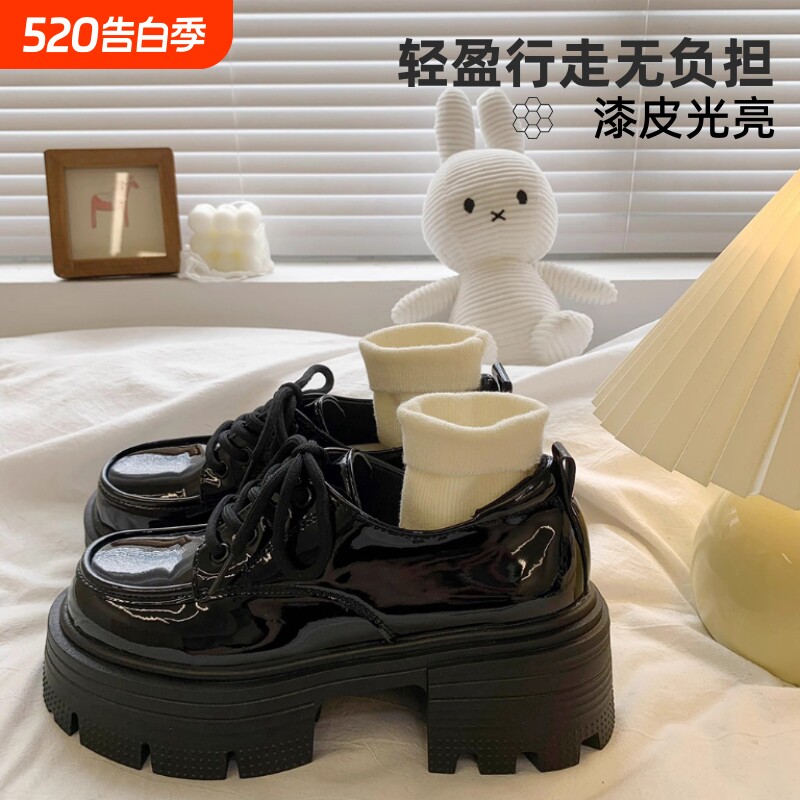 厚底小皮鞋女2024春秋夏季新款粗跟英伦风单鞋子日系圆头网纱系带