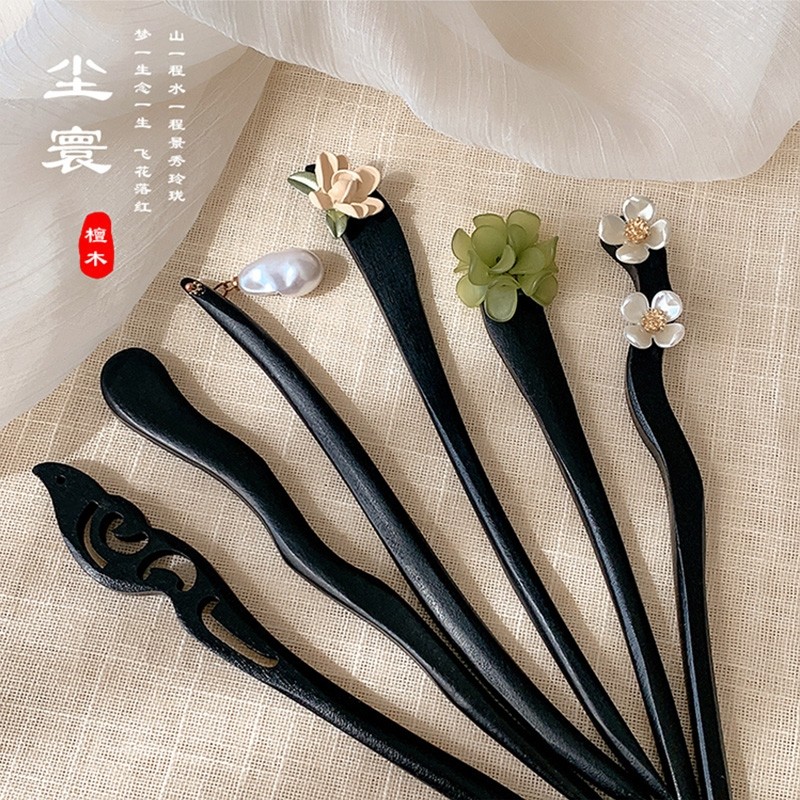 檀木木质发簪女现代古风高级感簪子新中式简约黑色日常发钗子头饰