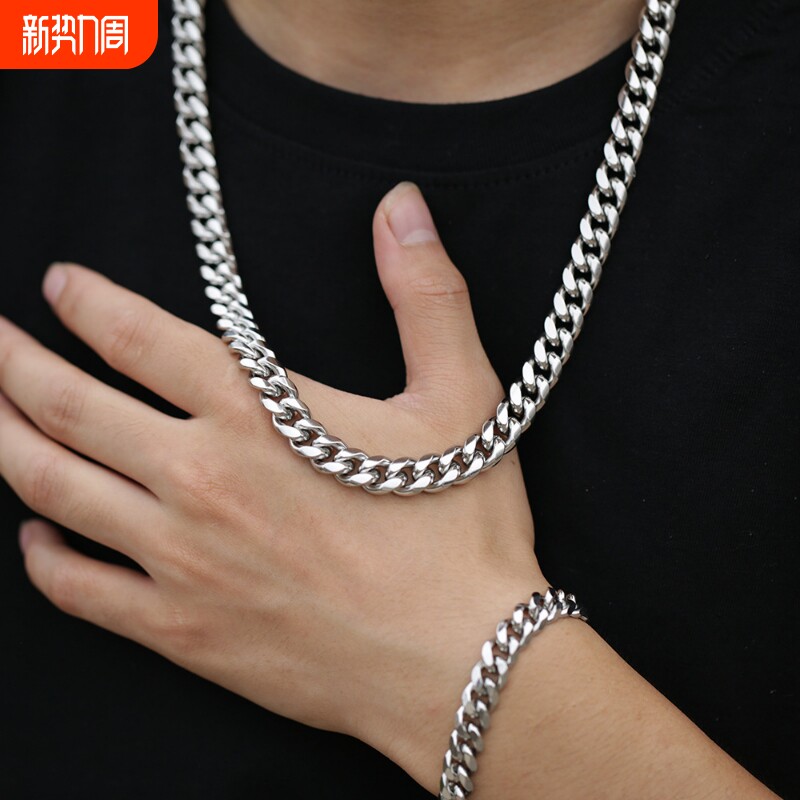 时尚不锈钢古巴链钛士粗款男钢珠简扣H手链潮嘻哈宝约个性ins配饰