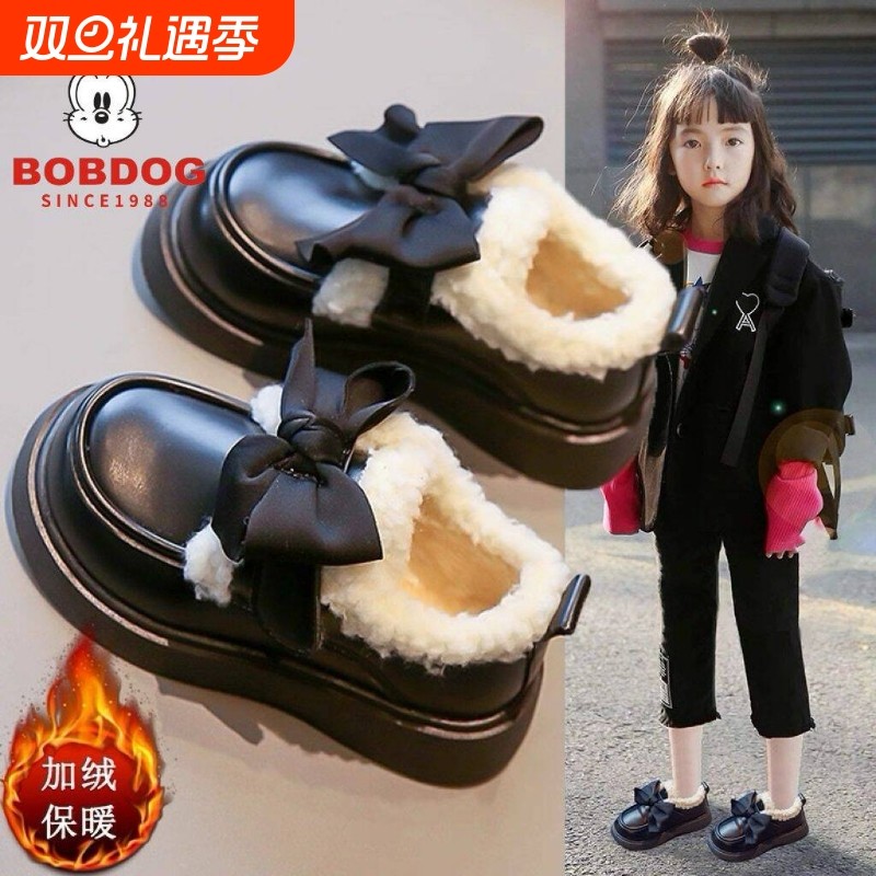 巴布豆女童加棉保暖皮鞋棉鞋2025新款魔术贴防滑休闲百搭软底童鞋