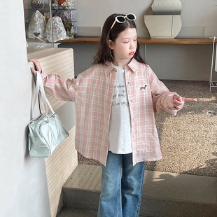 女童格子衬衫秋季韩版宽松2026秋款亲子款上衣薄外套儿童粉色衬衣