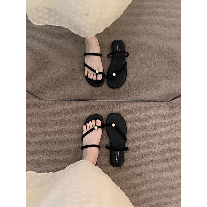 夏季平底配裙子黑色法式小凉拖鞋仙女鞋2025新款小众细带简约凉鞋