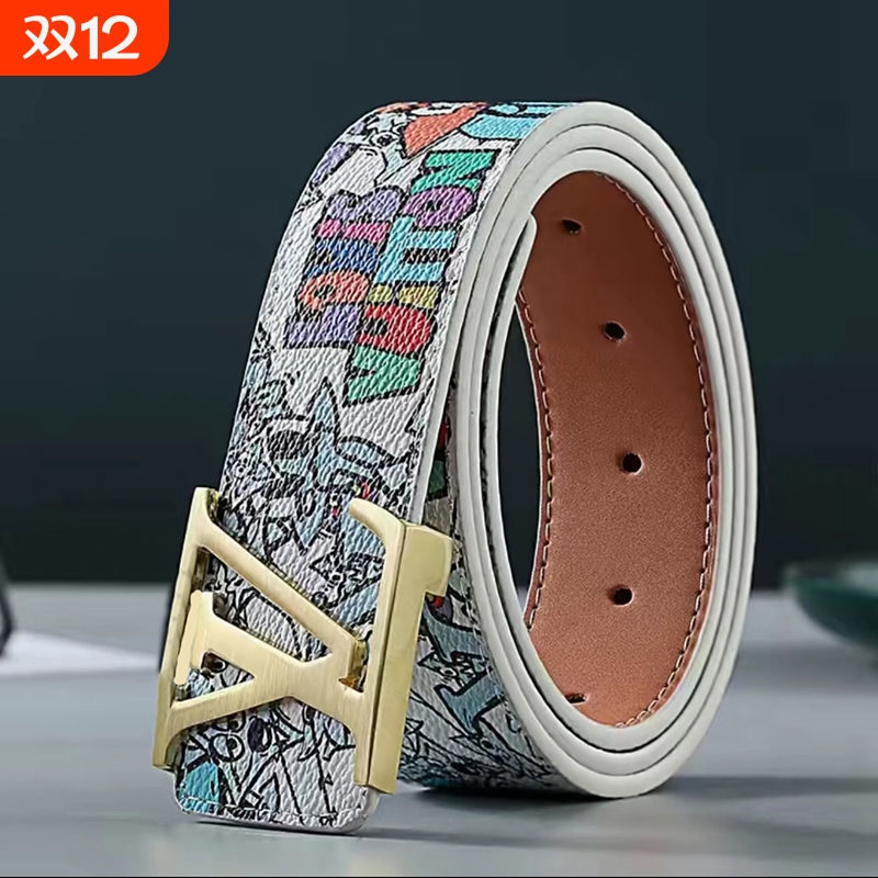 皮带男潮流学生真皮百搭卡槽涂鸦自动扣腰带牛仔裤网红同款
