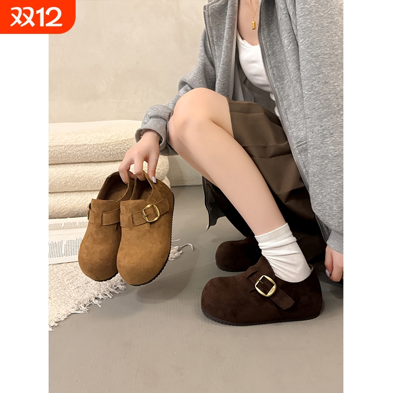 小个子内增高全包勃肯鞋女2025秋冬加绒厚底一脚蹬乐福鞋博肯鞋子