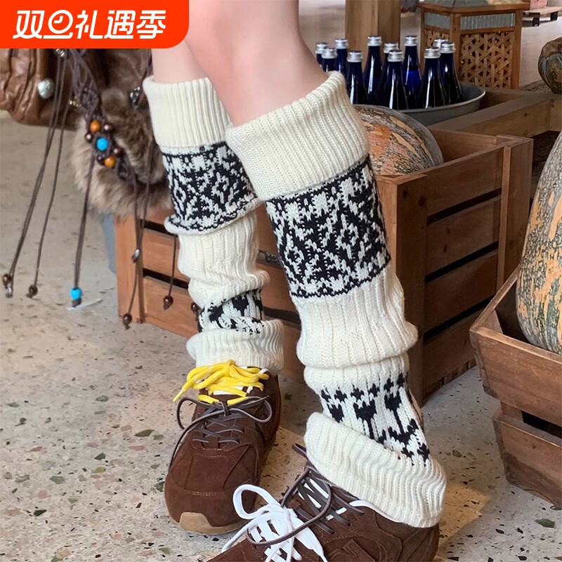 复古费尔岛堆堆袜套秋冬加厚保暖灰色腿套羊毛袜子2025新款爆款冬