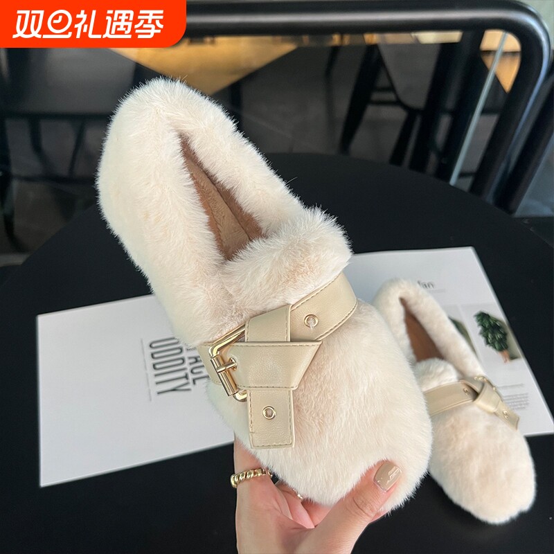 仙女厚底毛毛鞋女外穿秋冬新款水貂毛保暖加绒棉鞋一脚蹬豆豆鞋子