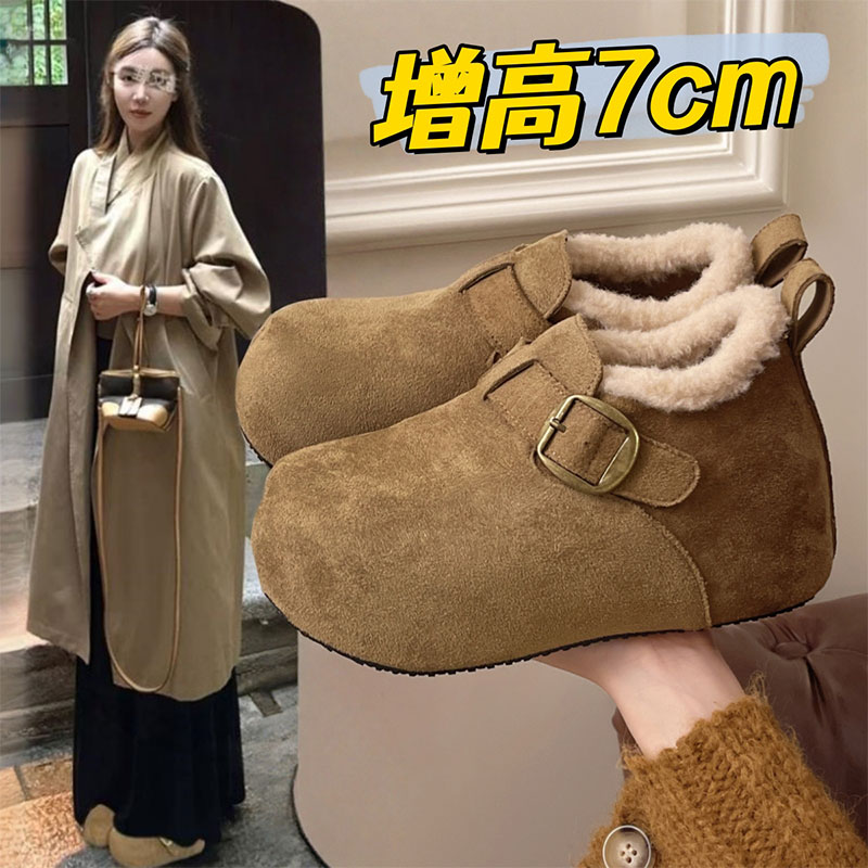 网红厚底加绒内增高7cm豆豆勃肯鞋女2025冬季新款保暖棉鞋乐福