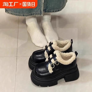 厚底小皮鞋女秋冬加绒乐福鞋2024年新款一脚蹬懒人鞋高跟玛丽珍鞋