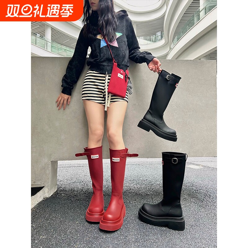 厚底防滑高筒红色雨靴子雨鞋2025户外不过膝长筒靴骑士靴黑色圆头