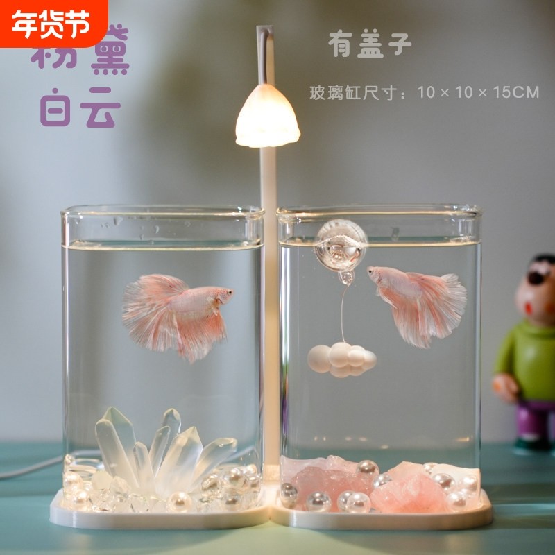 泰国斗鱼专用双缸高透小型懒人造景玻璃桌面创意鱼缸宿舍小夜灯