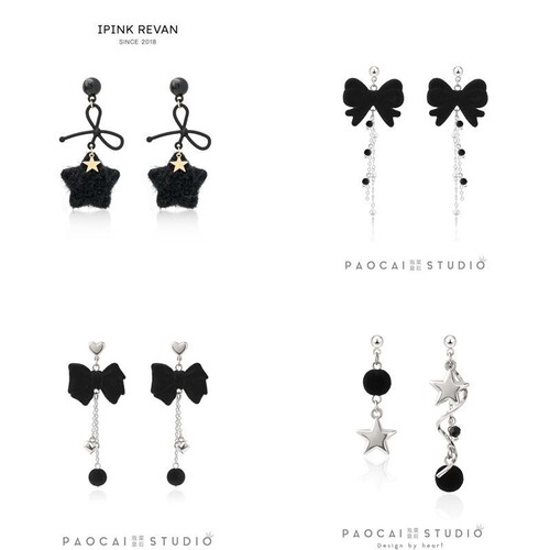 IPINK小众可爱毛绒星星耳环女三角耳夹暗黑感耳饰耳坠流苏蝴蝶结