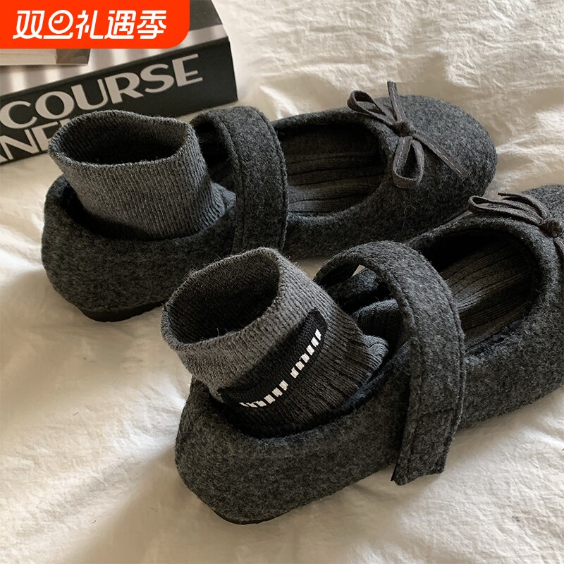 的单鞋～miu系~蝴蝶结平底玛丽珍加绒毛毛鞋女芭蕾鞋内增高浅口