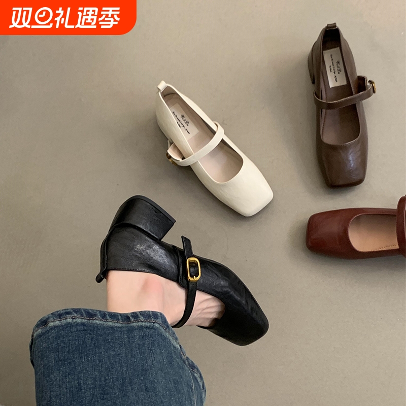 复古方头浅口粗跟单鞋女春秋新款法式晚风仙女软皮玛丽珍小皮鞋子