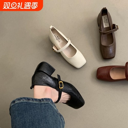 复古方头浅口粗跟单鞋女春秋新款法式晚风仙女软皮玛丽珍小皮鞋子
