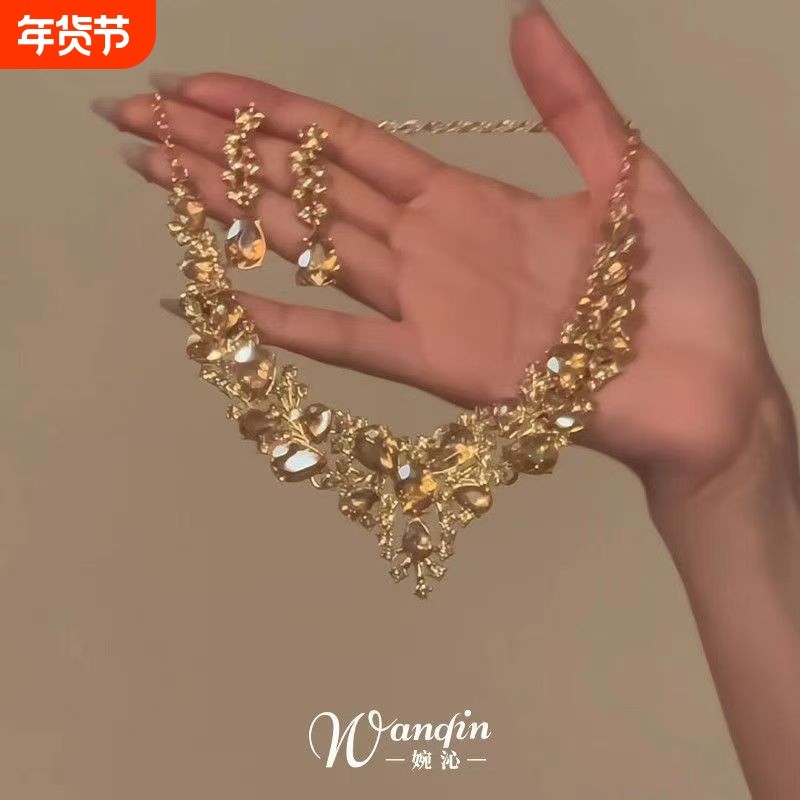 「镜厅浮光」法式宫廷风黄色闪钻项链复古重工精致华丽轻奢锁骨链