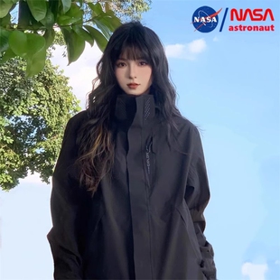 NASA冲锋衣男女外套可拆卸帽子防风防水夹克女黑色流行休闲情侣款