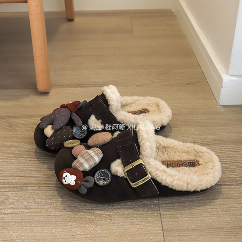 可爱勃肯鞋女外穿2025冬新款一脚蹬加绒棉鞋厚底包头毛毛拖鞋毛绒
