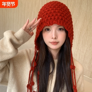 镂空针织帽子女流苏安可雷毛线冷帽红色秋冬显脸小黑色灰色白色