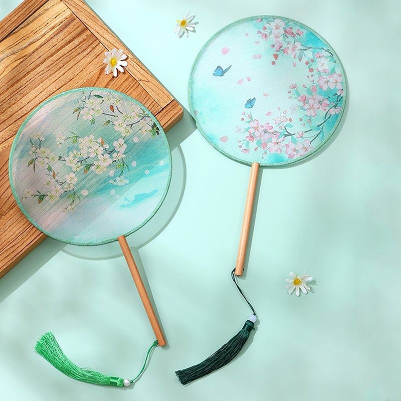 团扇古风扇子儿童夏半透长柄流苏舞蹈扇女古装汉服旗袍丝质小圆扇