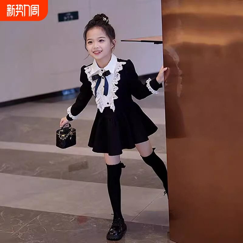 女童黑色赫本风连衣裙春秋装新款儿童学院风小女孩公主气质小黑裙