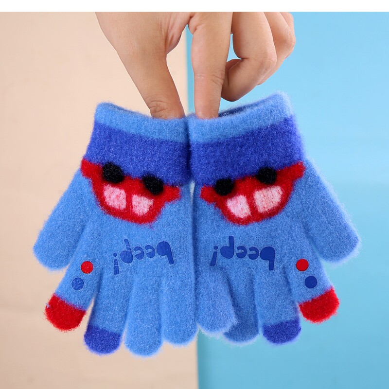 小汽车手套儿童男童宝宝加绒加厚3-5岁针织套手指蓝色五指紫色