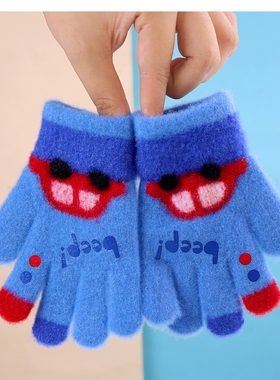 小汽车儿童手套宝宝男童加绒加厚3-5岁针织套手指蓝色五指紫色