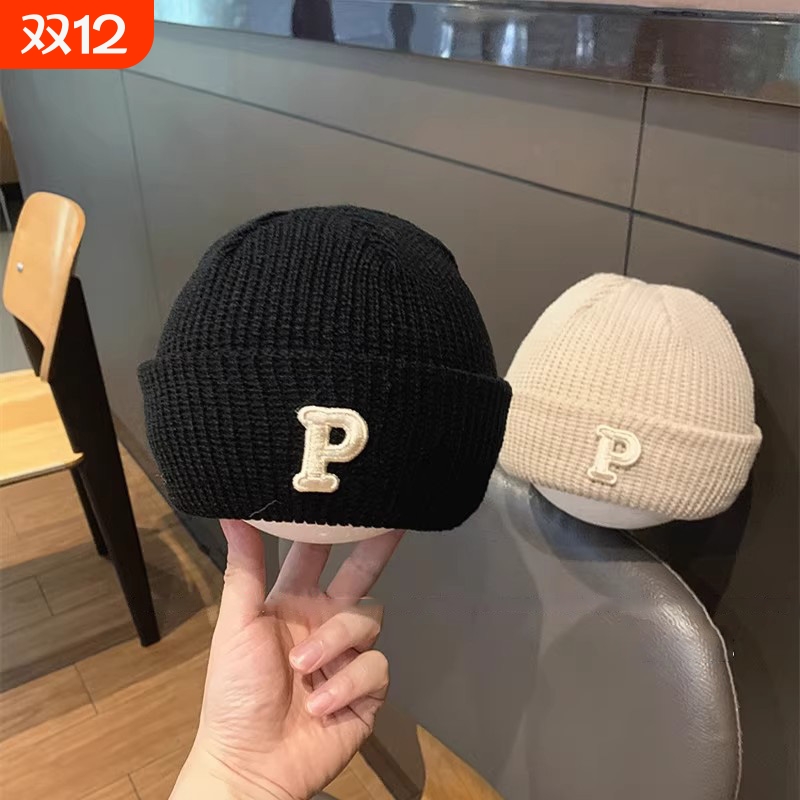 婴儿帽子春秋字母男女宝宝保暖套头帽韩版新款针织毛线帽秋冬防风