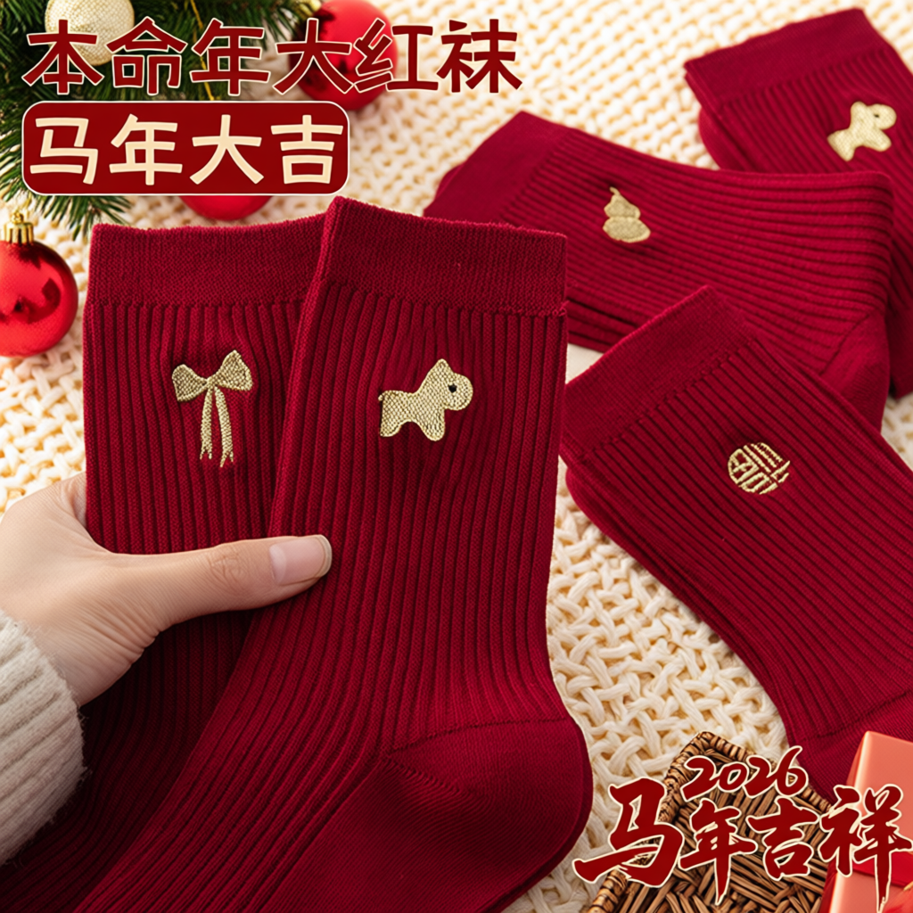 大红色本命年袜子男女纯棉中筒袜马年2026属马堆堆袜秋冬长袜可爱