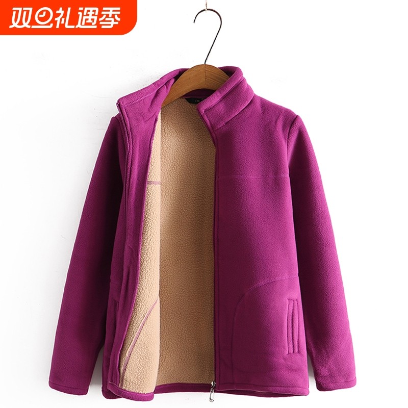 妈妈摇粒绒外套秋装中老年人抓绒衣奶奶上衣服春秋季女装加绒红色