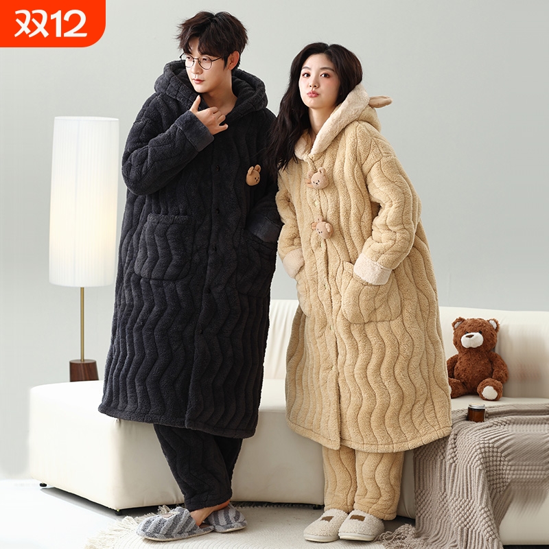 珊瑚绒情侣睡衣加厚加绒三层夹棉