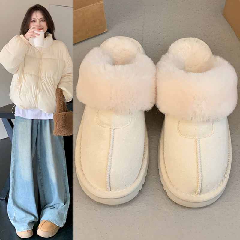 雪地靴女2025年新款冬季毛毛包头半拖鞋皮毛一体加绒棉鞋粉色白色