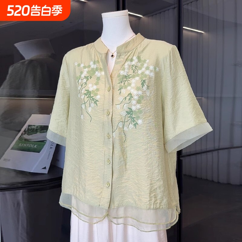 妈妈夏季新款衬衫大码棉麻上衣高端中老年女装短袖新中式套装开衫