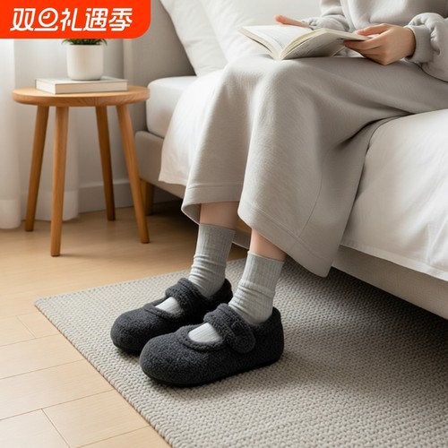 加绒玛丽珍鞋女冬毛毛鞋2025年新款内增高毛呢料配大衣勃肯棉鞋子